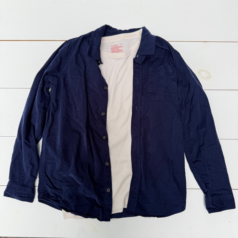 Boys Navy Blue Corduroy Flannel Shirt & Cream Waffle Long Sleeve Set